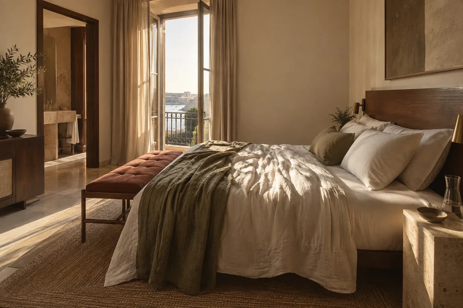 An intimate guest room with natural linen and afternoon light