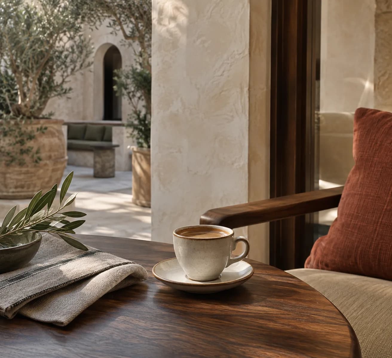 Coffee and natural linen at Daria