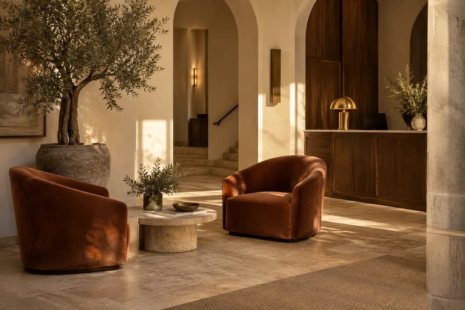 The Daria lobby lounge in warm afternoon light