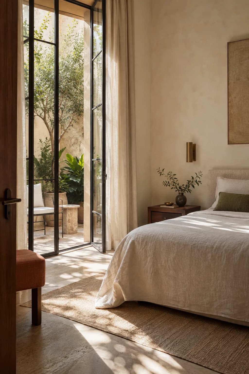 A Daria guest room opens onto a leafy private courtyard