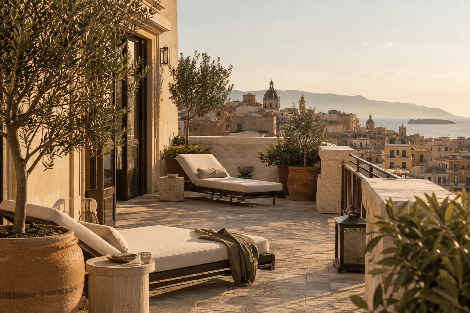 Warm stone and olive trees on the Daria rooftop terrace